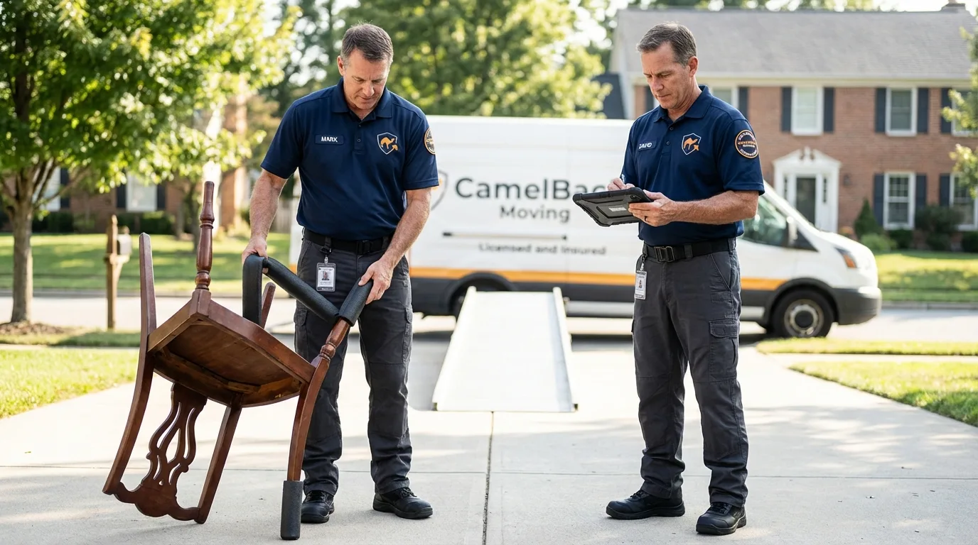 Movers inspecting furniture for damage prevention before loading in Lucama, NC